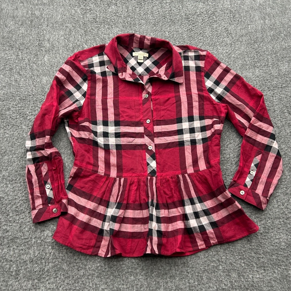 Burberry Brit Red Nova Check Peplum Blouse Top Size M Medium Plaid